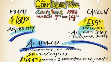 Flyer from the Corp Student Travel. Spring Break 1986, March 7th thru 14th. Miami $180.00 Airfare Only. Cancun $559.00 including Air from BWI, Terramar Suites. Acapulco Accomadations, Air, Transfers. Seven Nights. $499.00 Standard 3 star hotel on the beachII $534.00 Deluxe 4 Star Hotel!!!